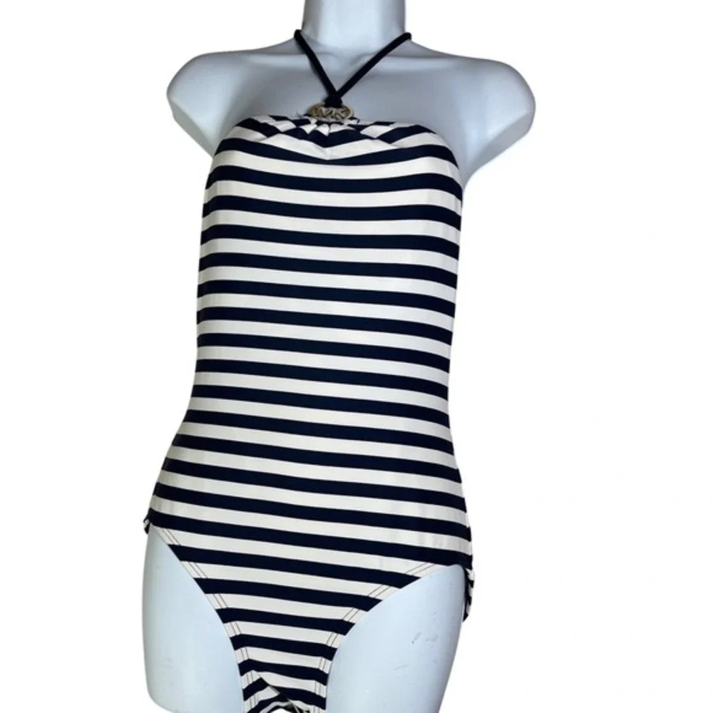 Michael Kors One Piece Swimsuit Navy White Stripe Halter MK Logo Size 8